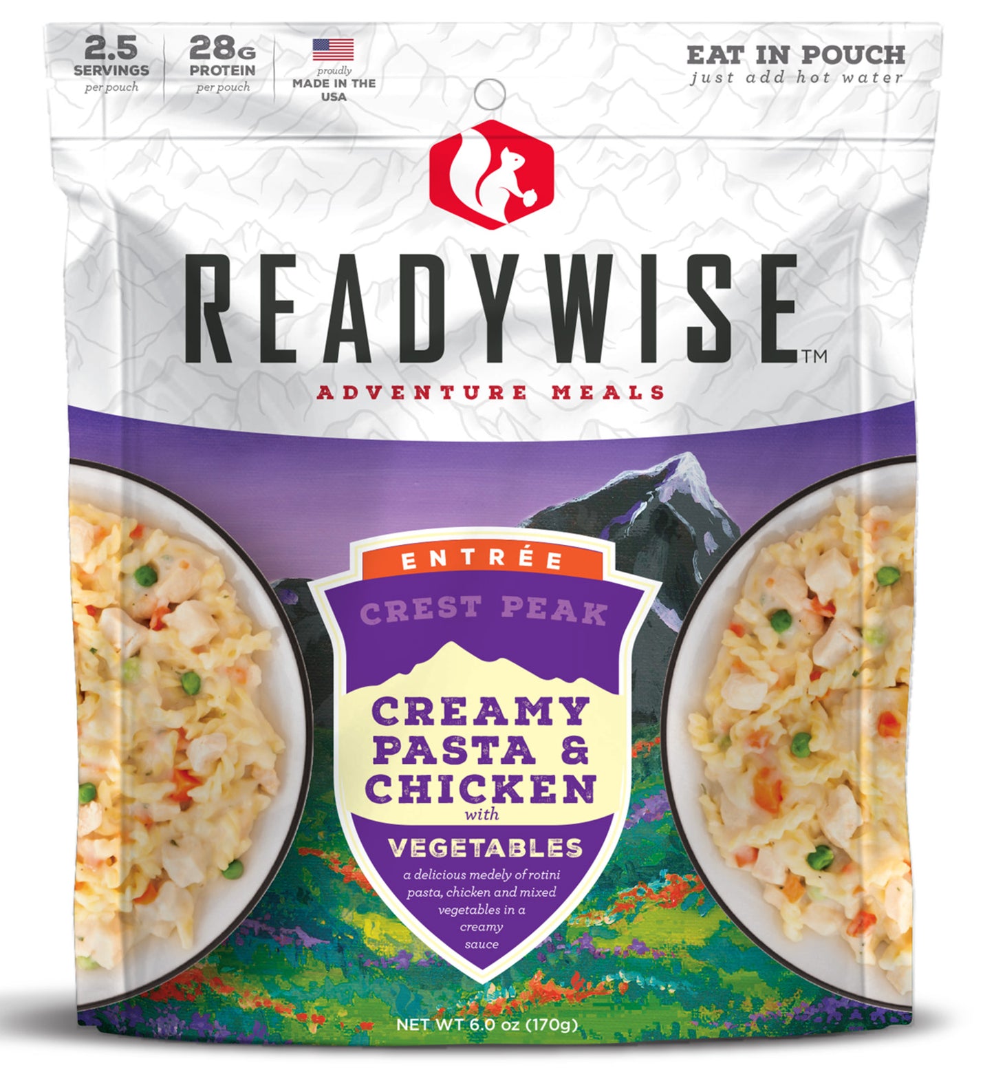 ReadyWise RW05006 Outdoor Food Kit Crest Peak Creamy Pasta And Chicken 2.5 Servings In A Resealable Pouch, 6 Per Case