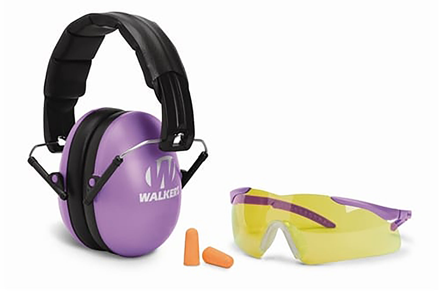 Walkers GWPYWFM2GFPPUR Folding Muff Combo 23 DB Over The Head Folding Muff, Foam Ear Plugs, Shooting Glasses, Purple/Black Polymer Fits Youth/Women