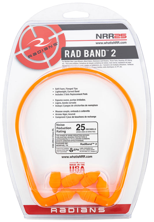 Radians RB210CS Rad-Band 2 25 DB Behind The Neck Orange Ear Buds With Orange Cord Adult 1 Pair