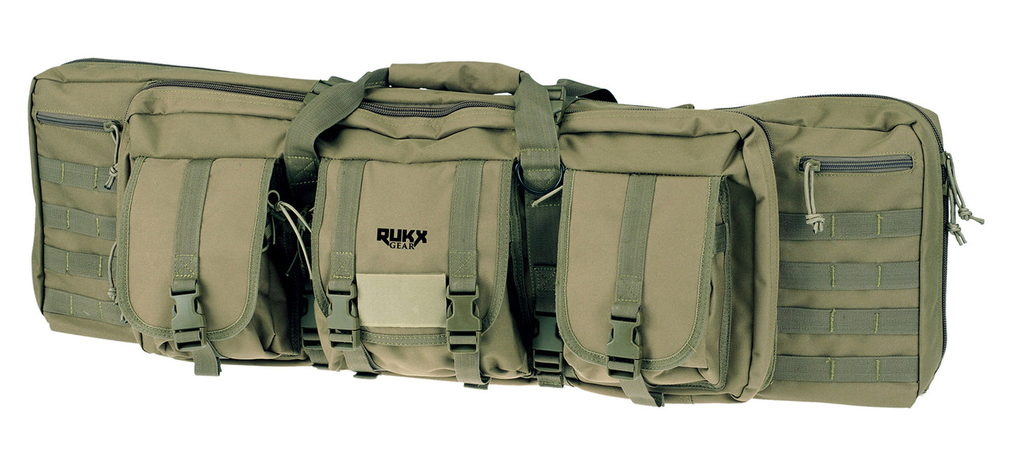 Rukx Gear ATICT42DGG Tactical Double Gun Case 42" Water Resistant Green 600D Polyester With Non-Rust Zippers, Reinforced Velcro & Adjustable Back Straps