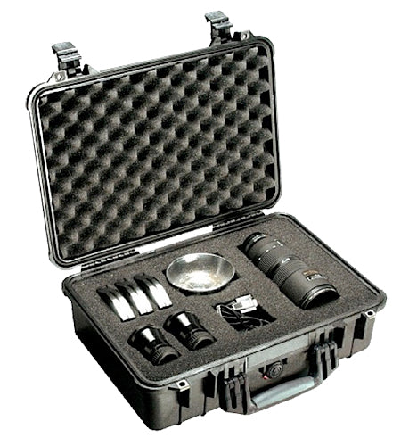 Pelican 1500 Protector Case Made Of Polypropylene With Black Finish, Foam Padding, Over-Molded Handle, Stainless Steel Hardware & Double Throw Latches 16.75" L X 11.18" W X 6.12" D Interior Dimensions