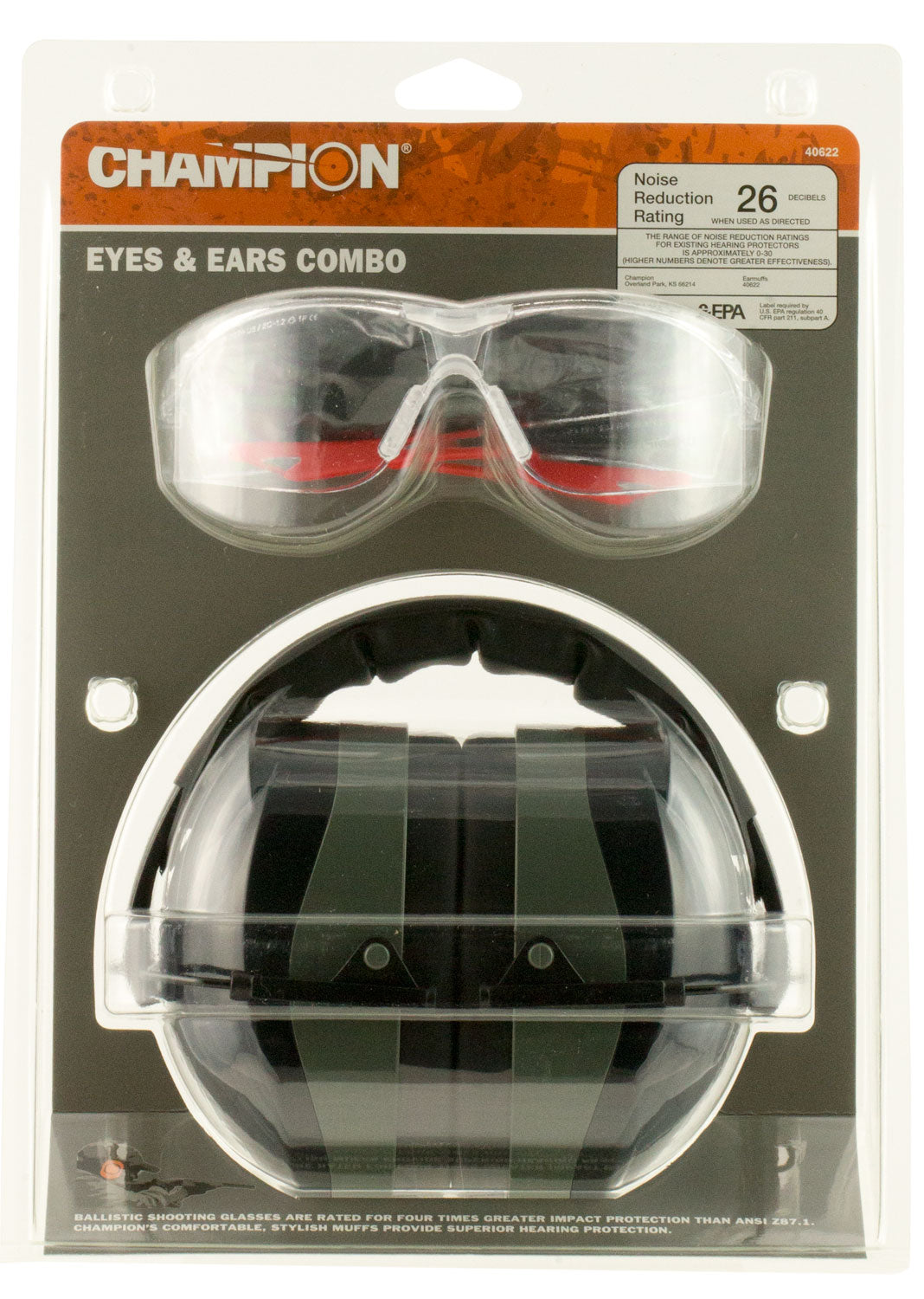 Champion Targets 40622 Eyes & Ears Combo 26 DB Over The Head Passive Muff & Shooting Glasses Black/Gray